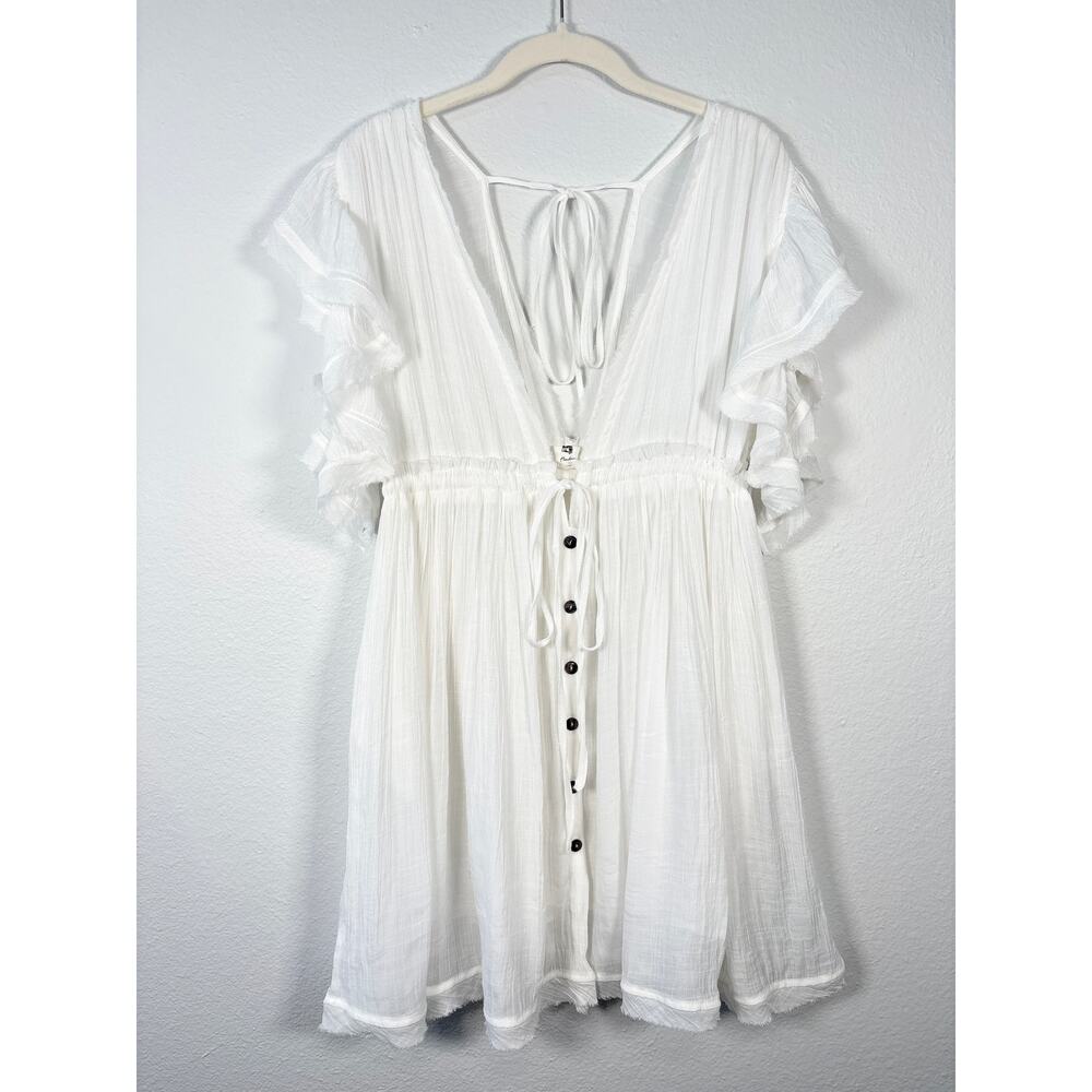 Flawless White Girly Flirty Flutter Ruffle Sleeve Drawstring Deep V Mini Dress